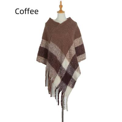 Thick Fringed Plaid Pullover Cloak