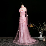 Pink Mermaid Tulle Strapless Flower Prom Dress