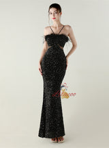 Black Sequins Spaghetti Straps Feather Prom Dress