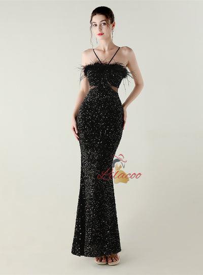 Black Sequins Spaghetti Straps Feather Prom Dress