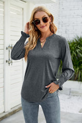 Casual V-neck Lotus Leaf Sleeve T-shirt