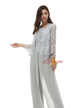 Gray Chiffon Lace 3 Piece Mother Of the Bride Dress