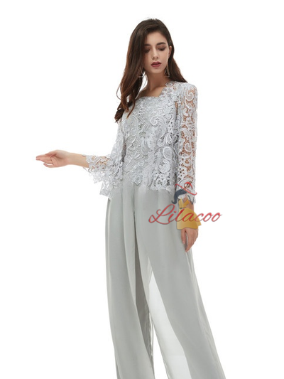 Gray Chiffon Lace 3 Piece Mother Of the Bride Dress