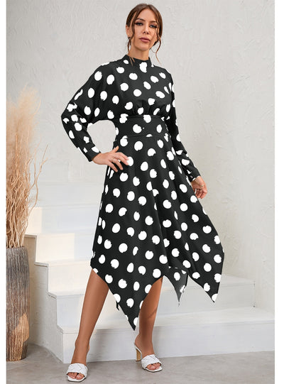 Casual Irregular Long-sleeved Polka-dot Dress