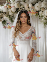 White Lace Long Sleeve V-neck Wedding Dress