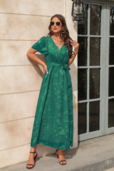 V-neck High Waist Split Short Sleeve Dress