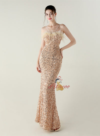 Black Sequins Spaghetti Straps Feather Prom Dress