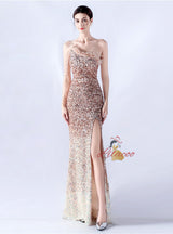 One Shoulder Mermaid Sequins Feather Split Prom Dress