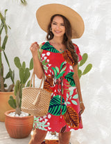 Floral Printed V-neck Short Sleeve Loose Dress