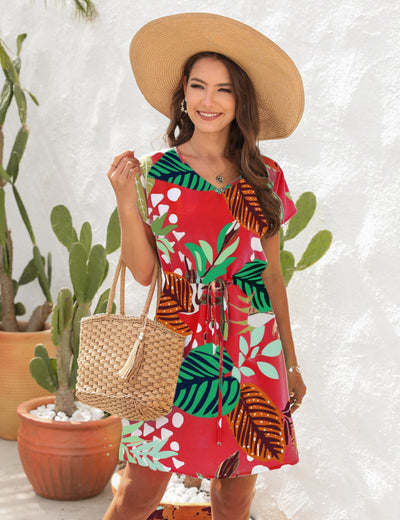 Floral Printed V-neck Short Sleeve Loose Dress