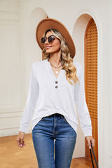 Solid Color V-neck Button Long Sleeve T-shirt