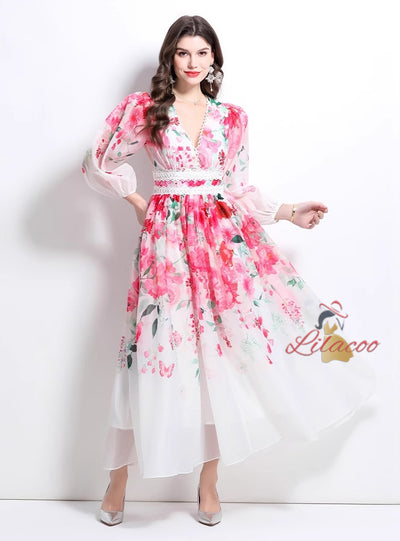 Flower Oil Painting Lace Stitching V-neck Dress