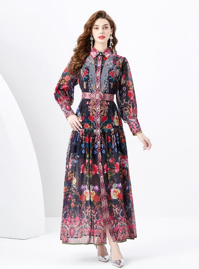 Palace Lapel Lantern Sleeve Long Retro Print Dress
