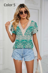 Lace V-neck Short Sleeve Print T-shirt