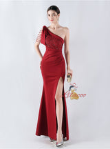 Mermaid One Shoulder Split Appliques Prom Dress