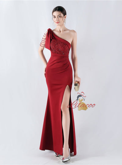 Mermaid One Shoulder Split Appliques Prom Dress