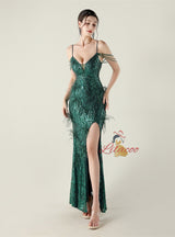 Mermaid Sequins Spaghetti Straps Feather Prom Dress