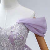 Lavender Tulle Off the Shoulder Sequins Beading Prom Dress