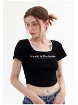Square Collar Letter Slim Short Sleeve T-shirt