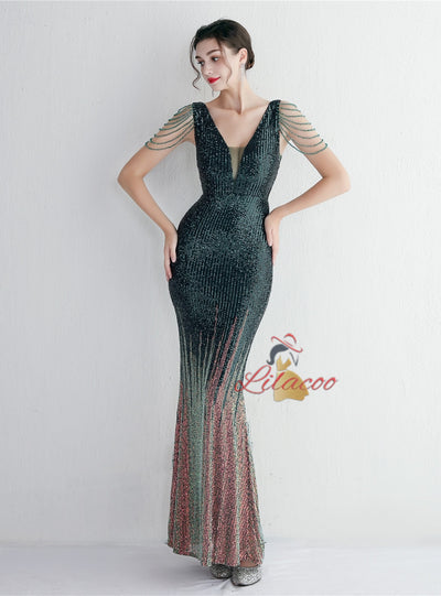 V-neck Sequins Beading Prom Dress