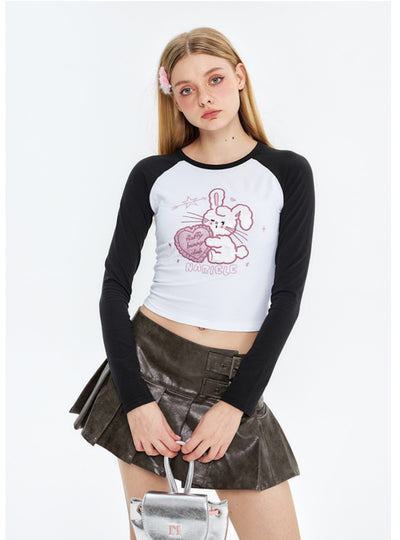 Embroidered Rabbit Long Sleeve Short T-shirt