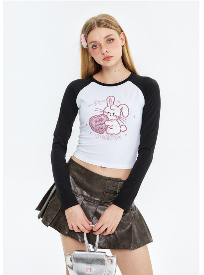 Embroidered Rabbit Long Sleeve Short T-shirt