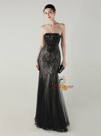 Sequins Tulle Strapless Beading Prom Dress