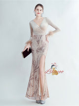 Velvet Sequins Long Sleeve V-neck Prom Dress