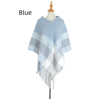 Thick Fringed Plaid Pullover Cloak