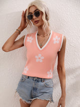 Printed V-neck Sleeveless Flowers Sweater