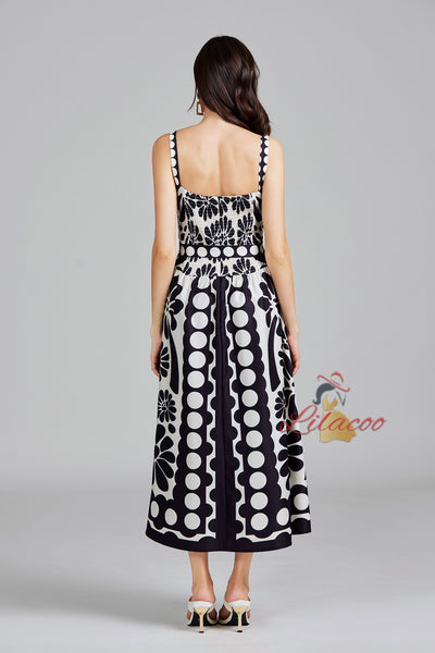 Retro Printed Sling Slim Dress