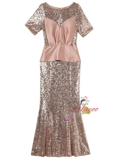 Burgundy Sequins Short Sleeve Mother Of The Bride Dress