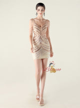 Spaghetti Straps Sequins Beading Short Prom Dress