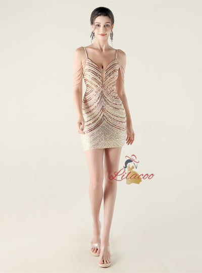 Spaghetti Straps Sequins Beading Short Prom Dress