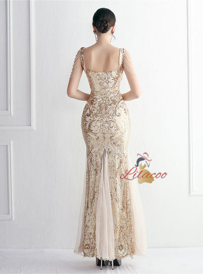 Sequins Mermaid Straps Beading Prom Dress