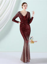 Long Sleeve V-neck Sequins Prom Dress