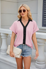 V-neck Contrast Short Sleeve Loose T-shirt