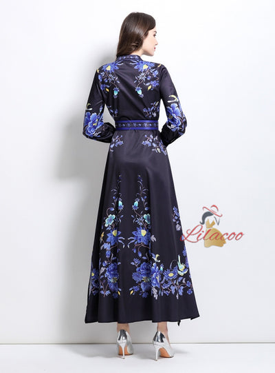 Palace Style Retro Breasted Printed Dress