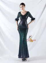 V-neck Short Sleeve Sequins Mermaid Prom Dress