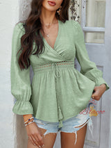Casual V-neck Solid Color Lace-up Shirt