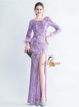 Long Sleeve Split Sequins Prom Dress
