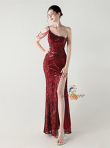 Mermaid Sequins One Shoulder Split Beading Prom Dress