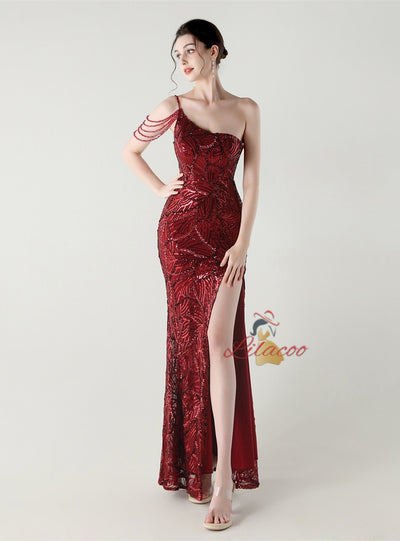 Mermaid Sequins One Shoulder Split Beading Prom Dress