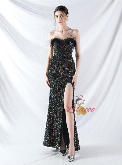 Mermaid Sequins Strapless Split Prom Dress