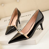 Patent Leather Shallow Mouth Pointed Metal Rivet Shoes