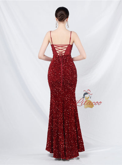 Mermaid Sequins Lace Spaghetti Straps Prom Dress