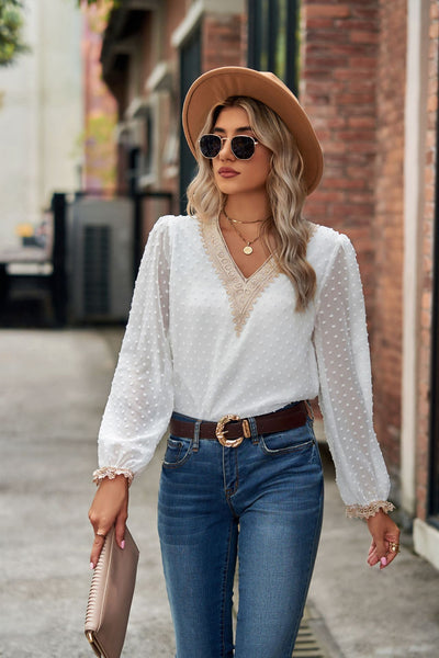 Jacquard Chiffon Long-sleeved Loose V-neck Top