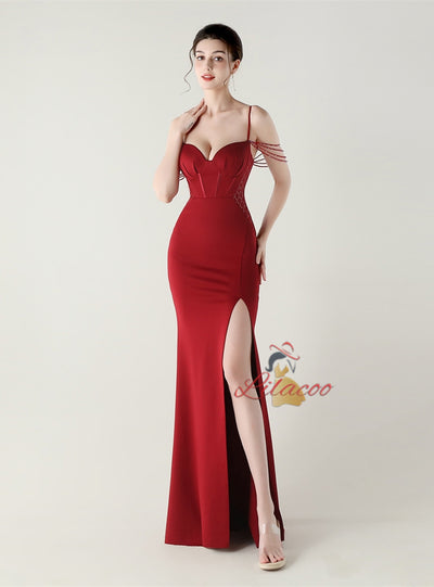 Mermaid Spaghetti Straps Split Bading Prom Dress