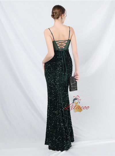 Mermaid Sequins Spaghetti Straps Split Sequins Prom Dress