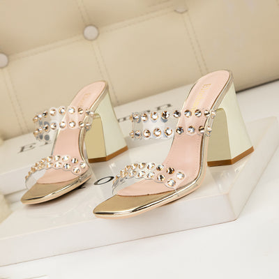 Thick High-heeled Rhinestone Transparent Sandals